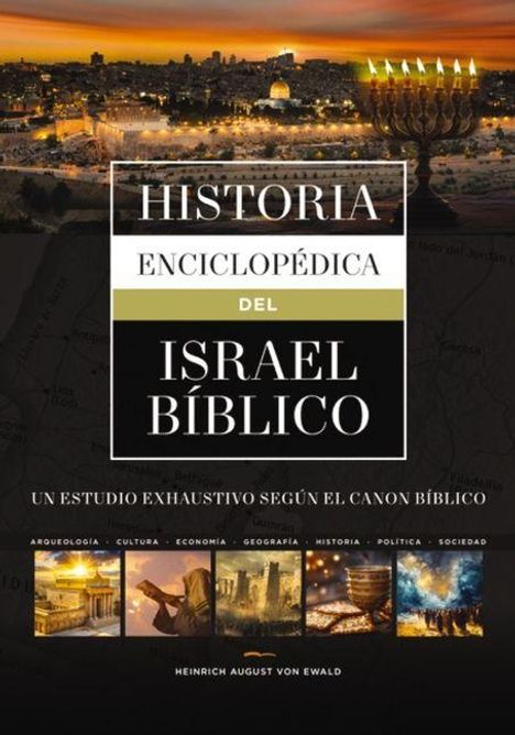 "Historia Enciclopédica del Israel Bíblico" steht oben. Darunter sind Bilder von Jerusalem, einer Menora und archäologischen Szenen.