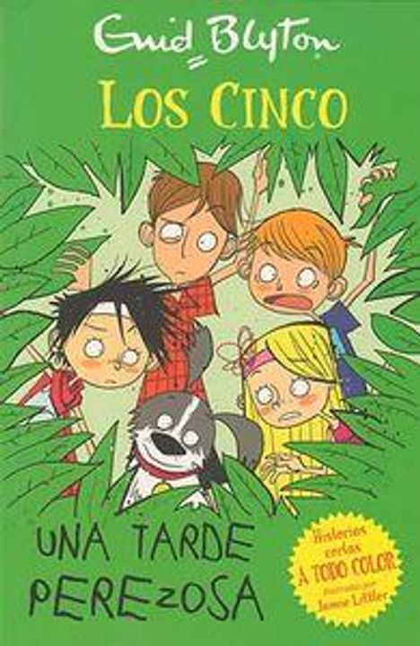 "Los Cinco: Una tarde perezosa" steht oben, Kinder und ein Hund schauen überrascht durch Blätter.