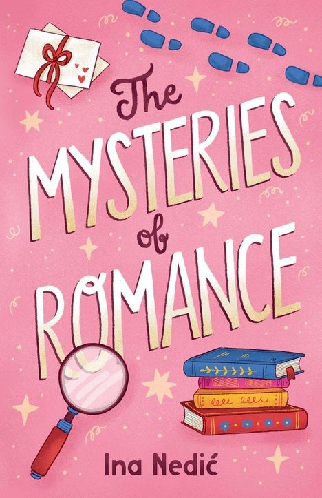 "The Mysteries of Romance" von Ina Nedić. Illustration mit Briefen, Fußspuren, Lupe und Büchern auf rosa Hintergrund.