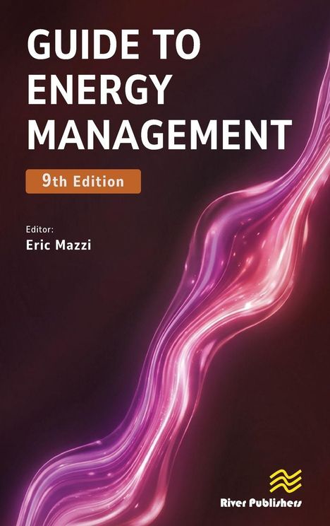 Text: "GUIDE TO ENERGY MANAGEMENT", "9th Edition", "Editor: Eric Mazzi", "River Publishers". Abstrakte rosa Wellen auf dunklem Hintergrund.