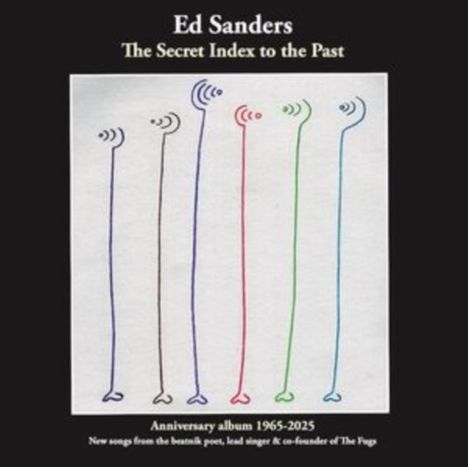 Text: "Ed Sanders - The Secret Index to the Past", "Anniversary album 1965-2025". Linien mit Kurven und Punkten in verschiedenen Farben.