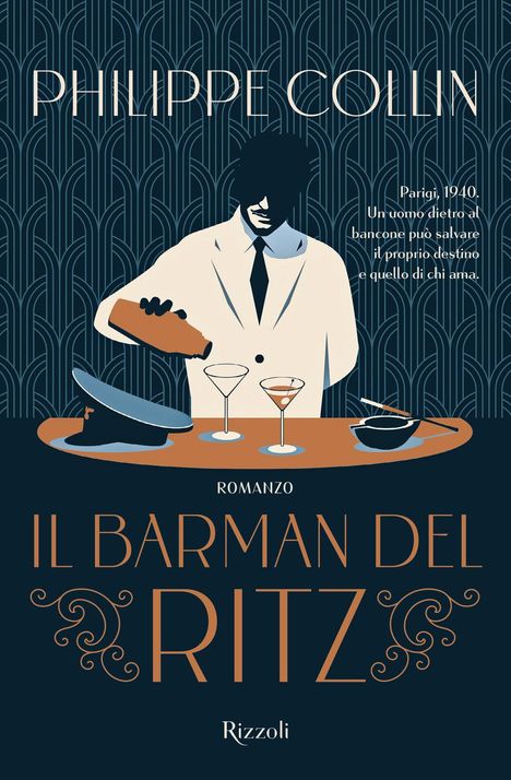 Titel: "Il Barman del Ritz". Illustration: Barmann in Anzug gießt Getränk ein. Im Hintergrund Art-déco-Muster.