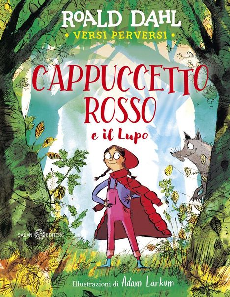 "Cappuccetto Rosso e il Lupo" in Rot, Illustration von Rotkäppchen in rotem Umhang im Wald mit Wolf im Hintergrund.