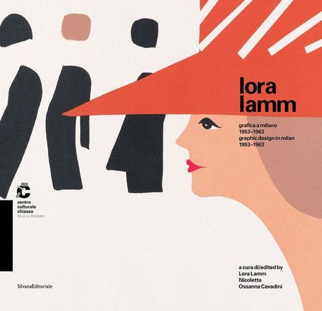lora lamm, grafica a milano 1953–1963. Illustration: Frau mit rotem Hut, abstrahierte Figuren im Hintergrund.