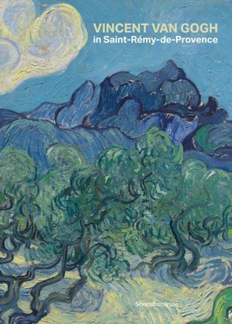 "Vincent Van Gogh in Saint-Rémy-de-Provence". Eine lebhafte Illustration mit Bergen, Wolken und wirbelnden Bäumen.