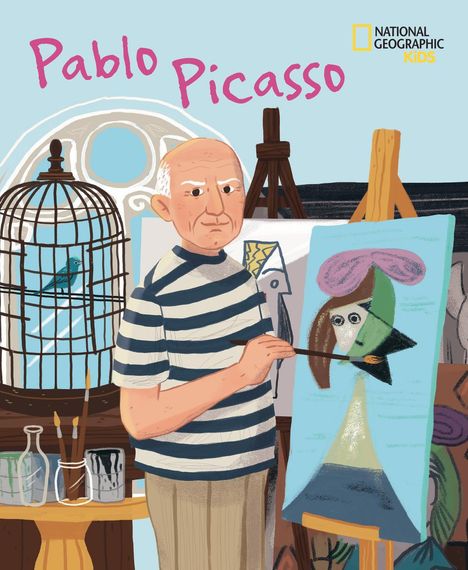 "Pablo Picasso" in rosa Schrift, daneben das Logo von National Geographic Kids. Picasso malt ein abstraktes Porträt.