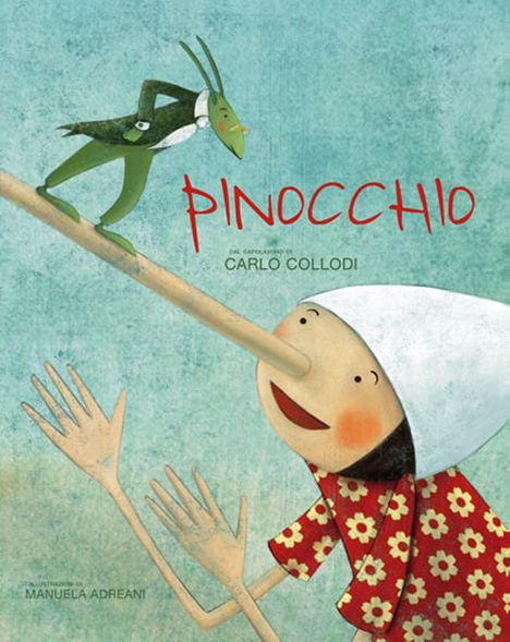 "PINOCCHIO" in Rot. Illustration von Pinocchio mit langer Nase, darauf ein Grille in Anzug. Pinocchio hat rote Wangen.