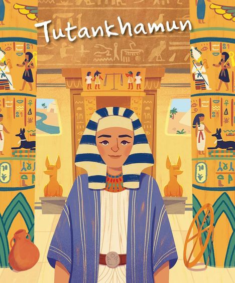 „Tutankhamun“ oben. Illustration: Pharao mit Kopfbedeckung vor Tempelkulisse, Hieroglyphen, bunte Säulen.