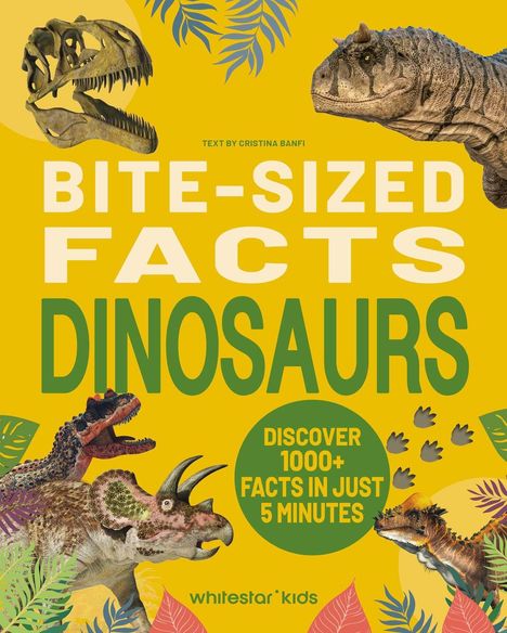 "BITE-SIZED FACTS DINOSAURS. DISCOVER 1000+ FACTS IN JUST 5 MINUTES." Dinosaurier und Pflanzen, gelber Hintergrund.