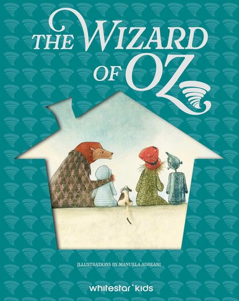 "The Wizard of Oz" steht in großen Buchstaben. Darunter vier Figuren und ein Hund, die zusammen nach rechts schauen.