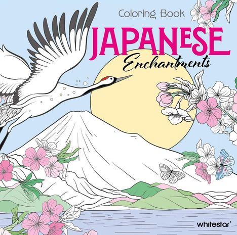 Text: "Coloring Book JAPANESE Enchantments." Eine Illustration: Kranich vor Mt. Fuji, Blumen, Schmetterlinge und Sonne.