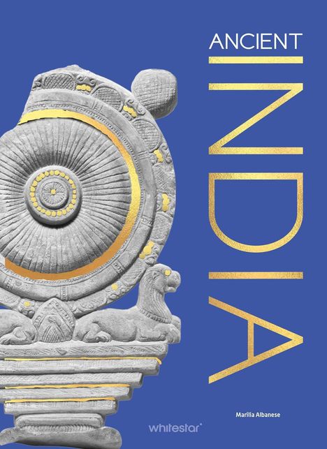 Text: "ANCIENT INDIA". Darstellung eines Steins mit goldenen Details und einem Löwen, auf blauem Hintergrund.