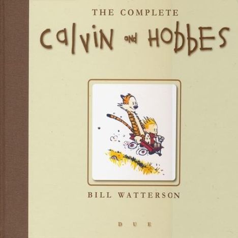 "The Complete Calvin and Hobbes" von Bill Watterson. Illustration: Ein Junge und ein Tiger fahren in einem Einkaufswagen.