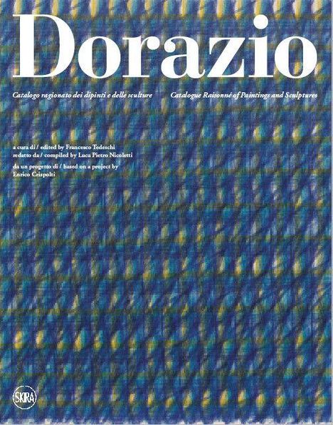 "Dorazio" in großer Schrift. Text über einen Katalog, bearbeitet von Francesco Tedeschi. Buntes, gemustertes Hintergrunddesign.