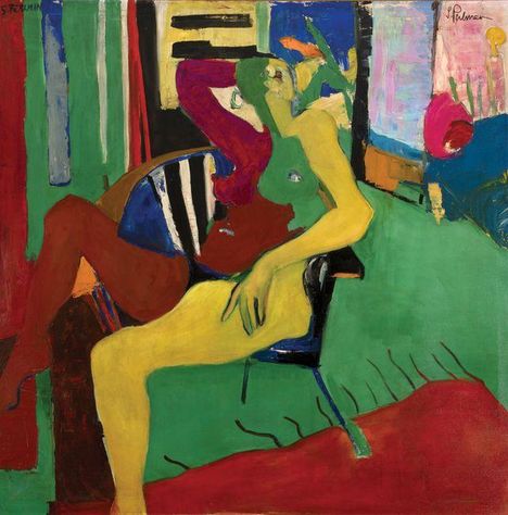 Signaturen oben links und rechts. Farbiges Gemälde einer Person in lebendigen Rot-, Grün- und Gelbtönen auf einem Stuhl.