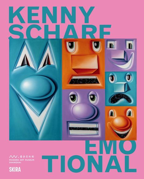 Texte: "KENNY SCHARF EMOTIONAL, Modern Art Museum Shanghai, Skira." 
Illustration: Bunte, stilisierte Gesichter in Quadraten.