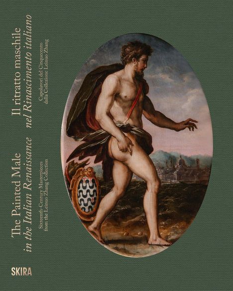 Text in Englisch und Italienisch über männliche Porträts der italienischen Renaissance. Gemälde eines muskulösen Mannes.