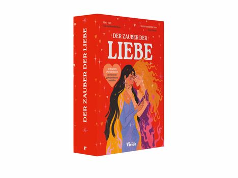 Titel: "Der Zauber der Liebe". Zwei Frauen in bunten Kleidern stehen einander nah auf rotem Hintergrund.