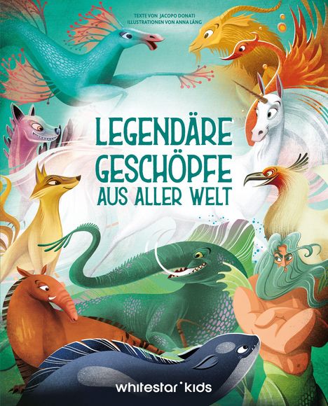 "Legendäre Geschöpfe aus aller Welt" ist in der Mitte. Illustration von fantastischen Tieren und Wesen.