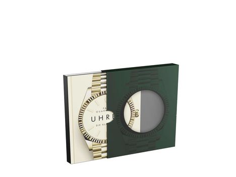 Text: "Uhren". Teilweise verdecktes Buch mit Uhrendesign und schwarzem Schuber mit Sichtfenster.