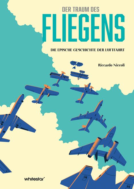 "Der Traum des Fliegens: Die epische Geschichte der Luftfahrt. Riccardo Niccoli." Viele Flugzeuge in Blau und Orange.