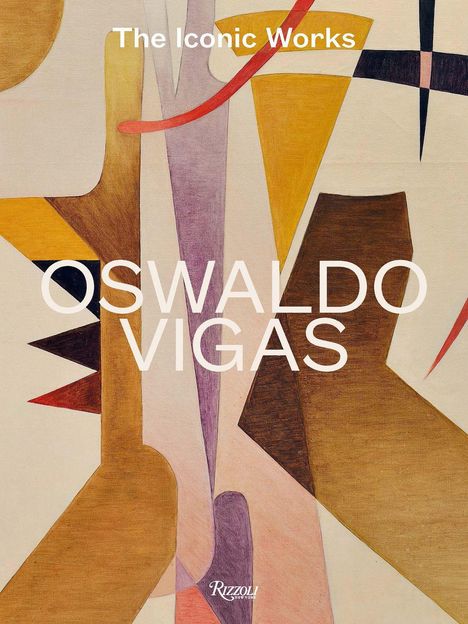 „The Iconic Works“, „OSWALDO VIGAS“. Abstrakte geometrische Formen in Brauntönen mit roten und gelben Akzenten.