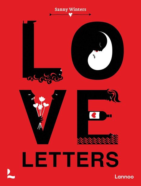"LOVE LETTERS" in großen Buchstaben. Illustrationen: küsse, Blumen, Weinflasche in stilisierter Form auf rotem Hintergrund.