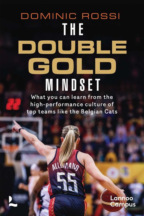Bucheinband mit Text: "THE DOUBLE GOLD MINDSET" von Dominic Rossi. Basketballspielerin, Trikotnummer 55, Schriftzug "ALLMAND".