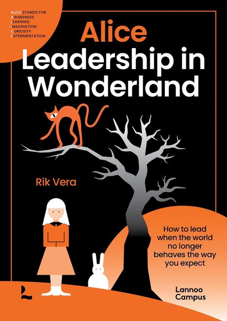 Titel: "Alice Leadership in Wonderland" von Rik Vera. Ein Baum mit einer Katze auf dem Ast, daneben Alice mit einem weißen Kaninchen.