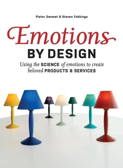 "Emotions by Design" steht groß geschrieben. Sechs bunte Lampen in verschiedenen Farben stehen nebeneinander.