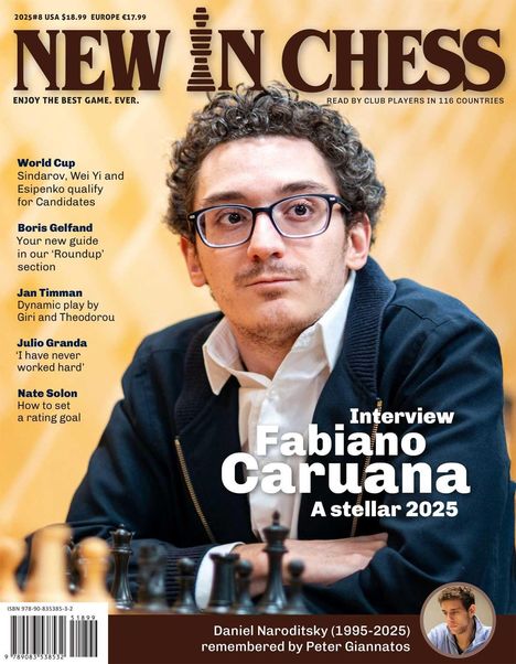 Titel: "New in Chess". Großes Interview: Fabiano Caruana. Darunter ein Porträt eines Mannes am Schachbrett.