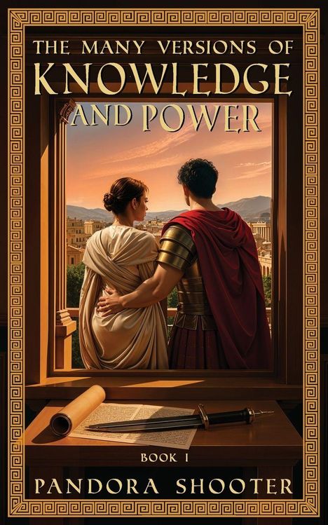 Titel: The Many Versions of Knowledge and Power. Autorenname: Pandora Shooter. Zwei Personen in antiker Kleidung schauen über eine Stadt.