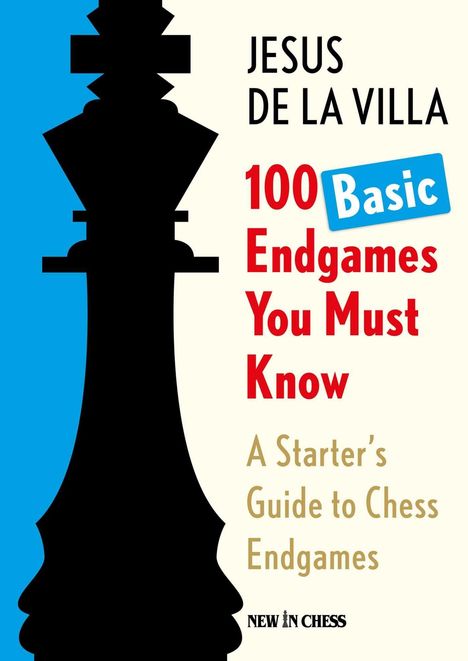 "100 Basic Endgames You Must Know" von Jesus de la Villa. Schachfigur, schwarzer Turm vor blauem Hintergrund.