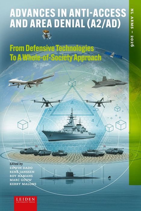 Titel: Advances in Anti-Access and Area Denial (A2/AD). Illustration mit Drohnen, Schiffen, Panzern, Satelliten im militärischen Kontext.
