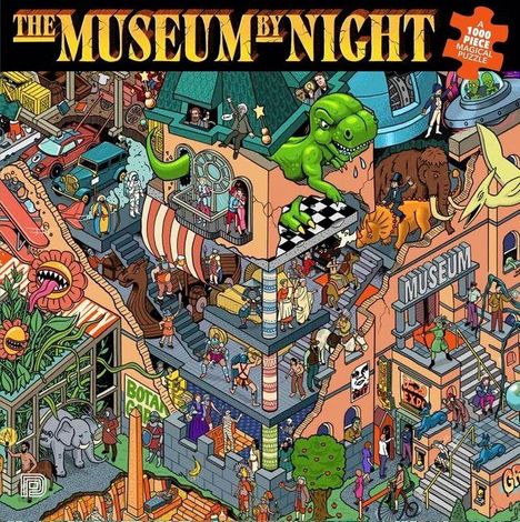 "The Museum by Night". Ein lebendiges Museum mit Dinosauriern, Pflanzen, Besuchern. Illustration voll bunter Details.