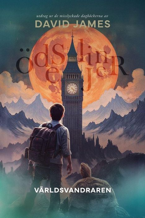 Texte: "DAVID JAMES", "Ödslighetens Wän", "VÄRLDSVANDRAREN". Illustration: Person mit Rucksack vor Big Ben und großem Mond.
