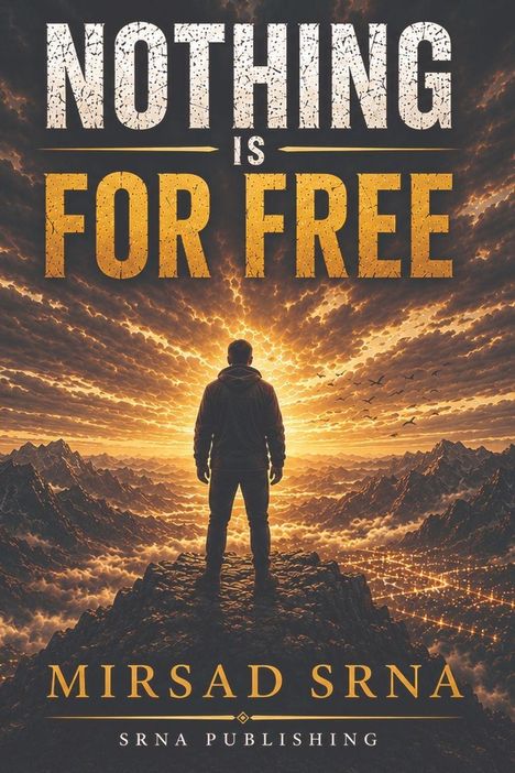 Text: "NOTHING IS FOR FREE", "MIRSAD SRNA", "SRNA PUBLISHING". Silhouette einer Person vor einem leuchtenden Himmel.