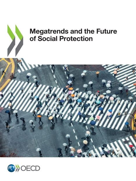 "Megatrends and the Future of Social Protection." Oben links ein stilisiertes Logo. Unten Menschen mit Schirmen auf Zebrastreifen.