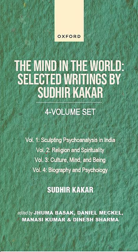 Karton mit Text: "THE MIND IN THE WORLD: SELECTED WRITINGS BY SUDHIR KAKAR", "4-VOLUME SET", verschiedene Bände aufgeführt.