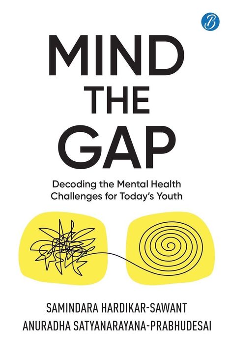 „MIND THE GAP“ und weitere Details zur psychischen Gesundheit. Zwei gelbe Rechtecke mit Kritzeleien und Spirale.