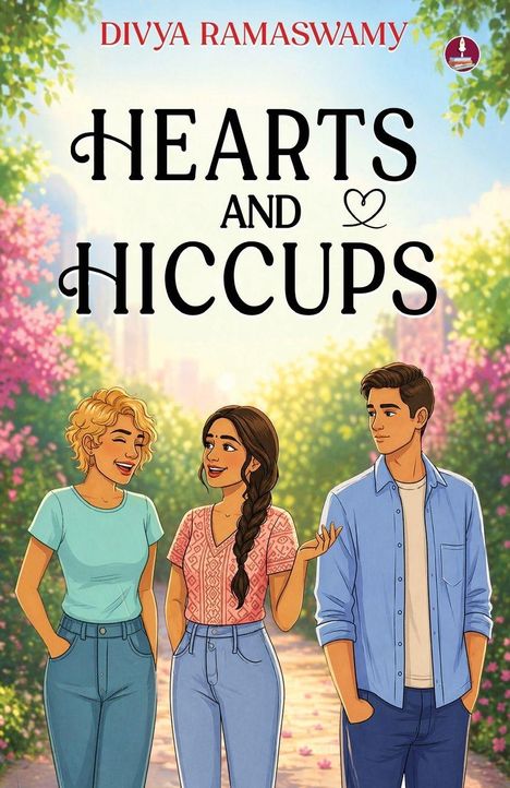 "Hearts and Hiccups" von Divya Ramaswamy. Drei Personen, zwei Frauen und ein Mann, stehen lächelnd auf einem Pfad.