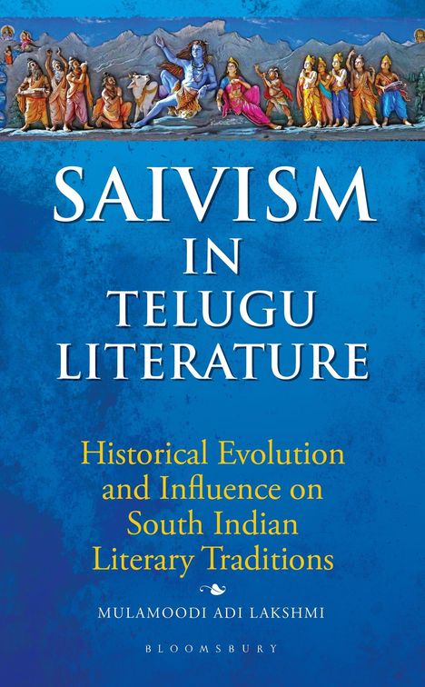 "SAIVISM IN TELUGU LITERATURE" steht im Zentrum. Darüber eine Szene mit Shiva und indischen Figuren vor Bergen.