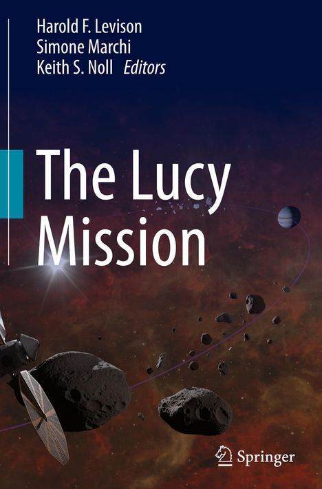 „The Lucy Mission“ steht in großer, weißer Schrift. Darunter planetare Objekte im Weltraum.
