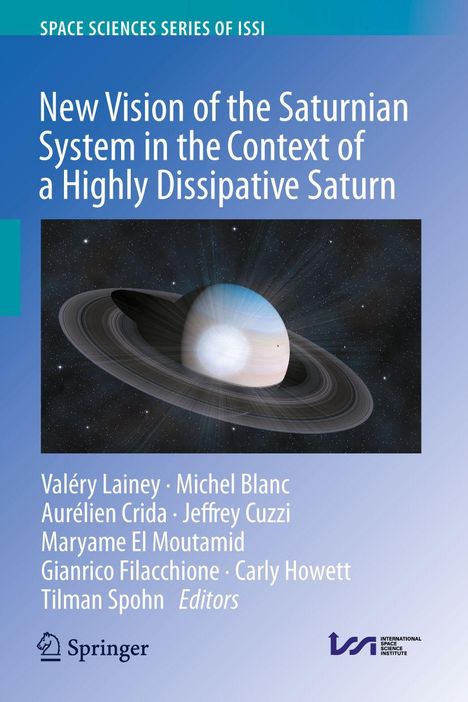 Buchtitel: "New Vision of the Saturnian System in the Context of a Highly Dissipative Saturn". Illustration des Saturns.