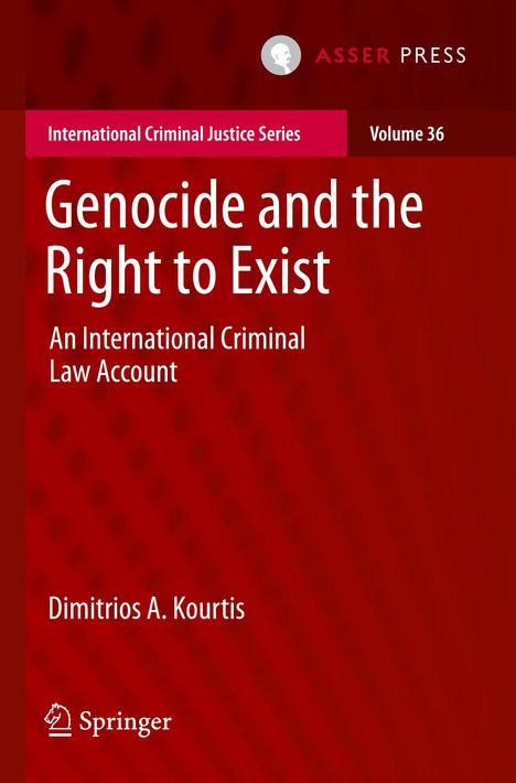 Titel „Genocide and the Right to Exist“ von Dimitrios A. Kourtis. Roter Hintergrund mit Verlagssymbolen oben und unten.