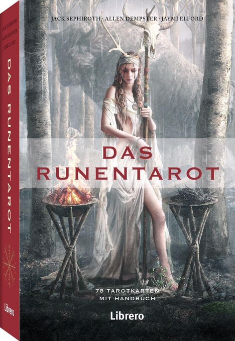 "DAS RUNENTAROT" ist in große rote Buchstaben geschrieben. Eine Frau in weißem Kleid hält einen Stab mit einem Schädel.