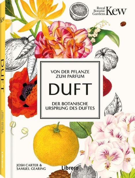 Text: "Von der Pflanze zum Parfum. DUFT. Der botanische Ursprung des Duftes." Illustrationen von Blumen und einer Zitrone.