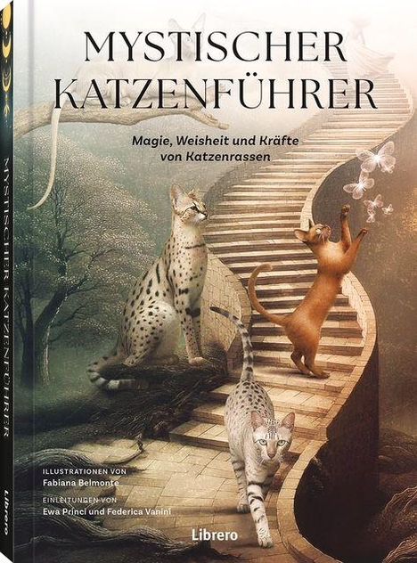 "MYSTISCHER KATZENFÜHRER – Magie, Weisheit und Kräfte von Katzenrassen" steht oben. Katzen auf einer Treppe in einer Landschaft.