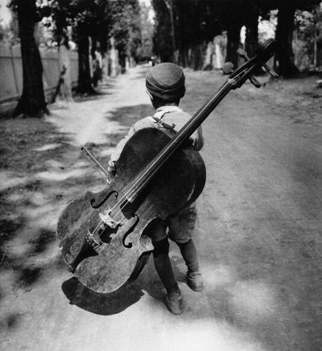 Ein Kind trägt ein großes Cello auf dem Rücken und geht auf einem von Bäumen gesäumten Weg.