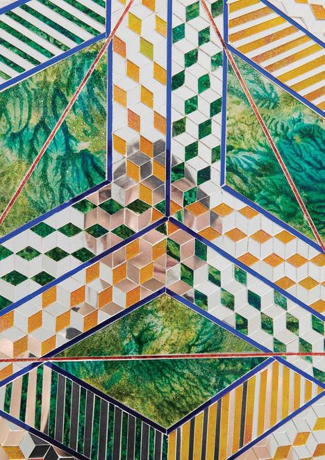 Abstrakte geometrische Muster aus ineinandergreifenden Würfeln und grünen, diagonalen Flächen mit Linien und Texturen.